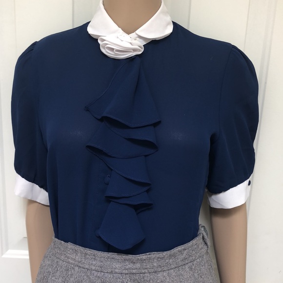 VTG 80’s Monique California Blue & White Sheer Short Sleeve Blouse Ruffle - Picture 1 of 6